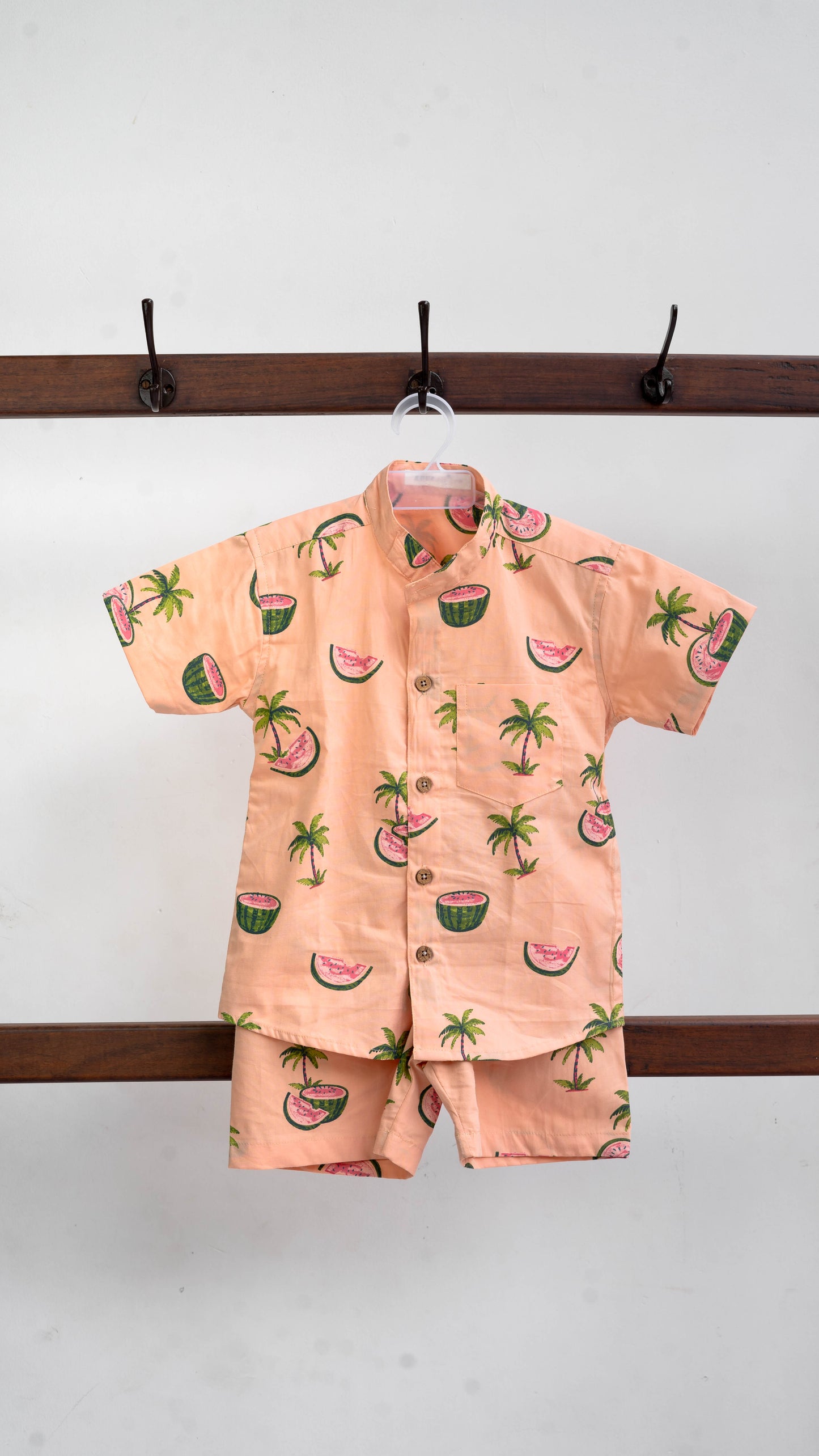 Peach Watermelon Print Cotton shirt and shorts set