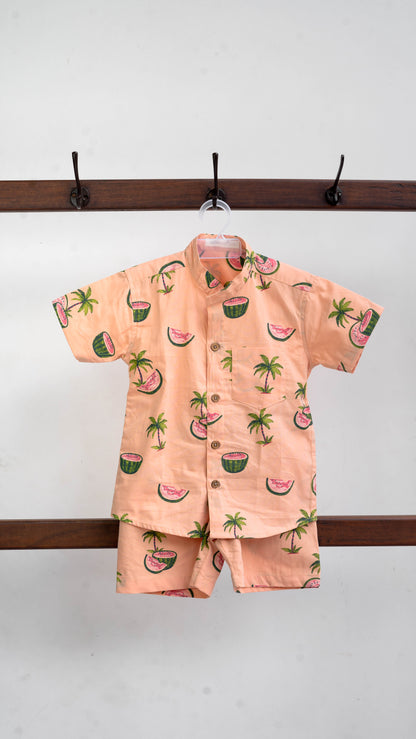 Peach Watermelon Print Cotton shirt and shorts set