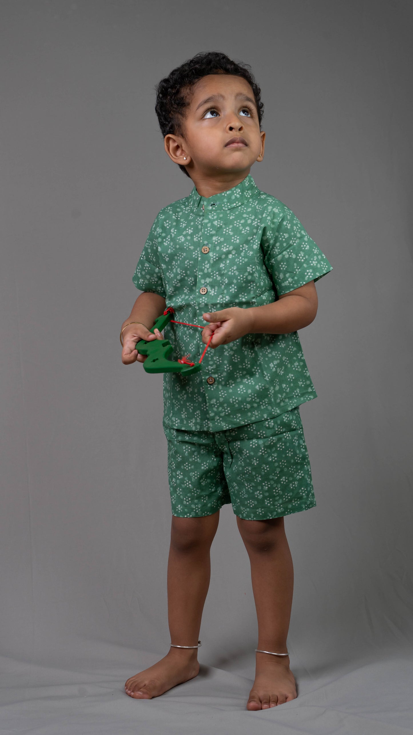 Green Dot Print Cotton shirt and shorts set