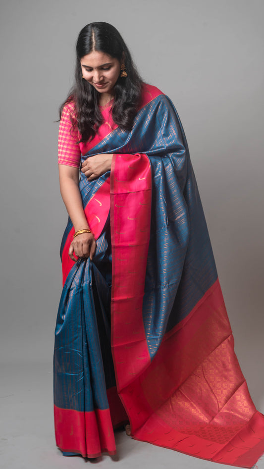 Box Stripes Semi-Kanchi Silk Saree with Blouse