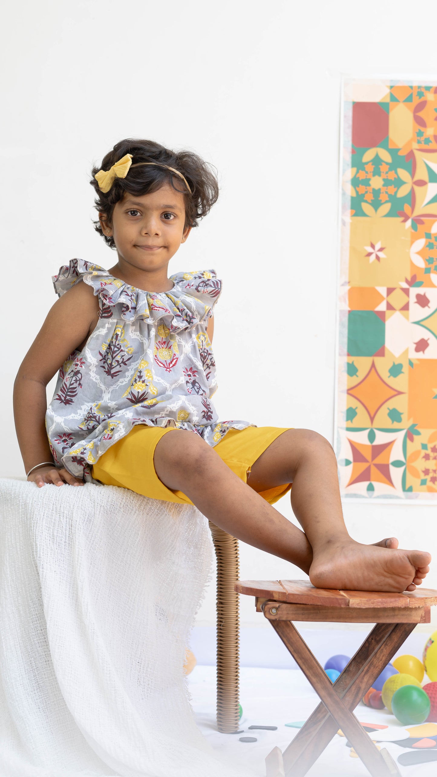 Grey and Yellow Floral Print Cotton Co-ord Set