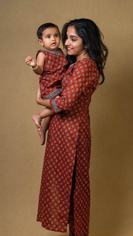 Mother & Daughter Twinning Dress | Handblock Print | Rust and Blue