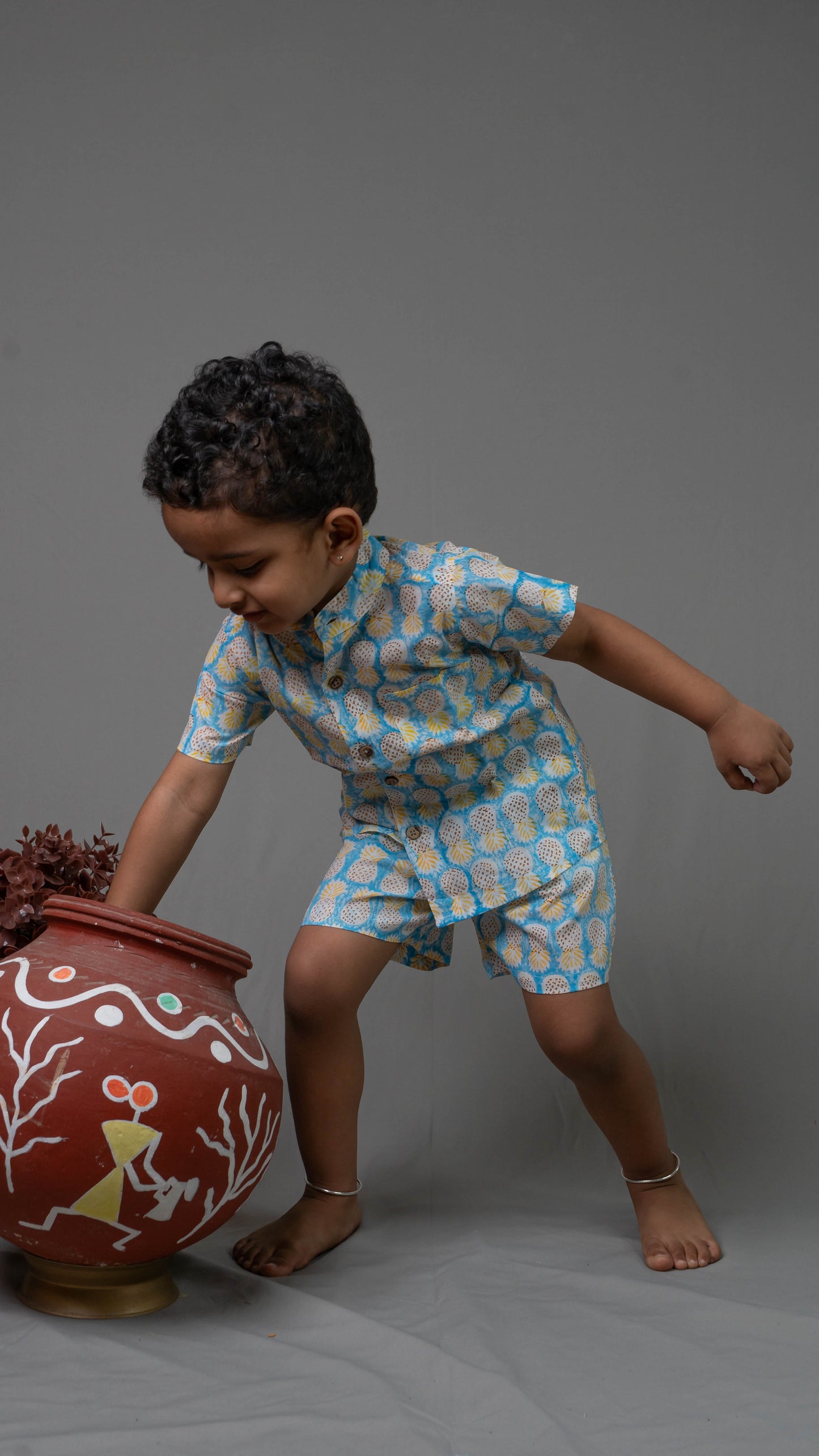 Blue Pineapple print Cotton shirt and shorts set