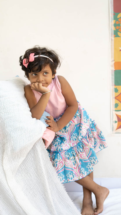 Baby Pink and Blue Paisley Print Cotton Dress