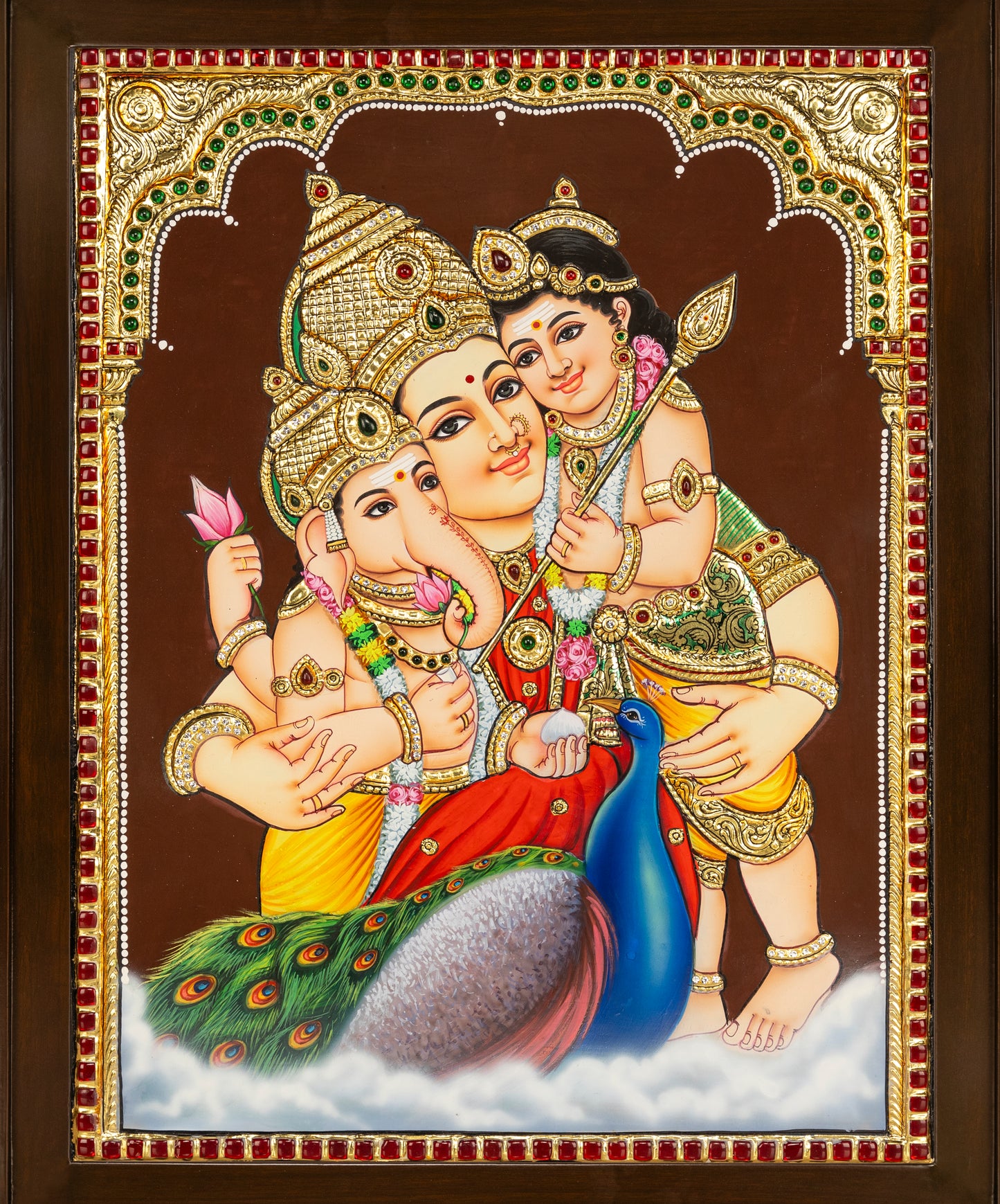 Parvathi with Murugar & Vinayakar - Single embossed