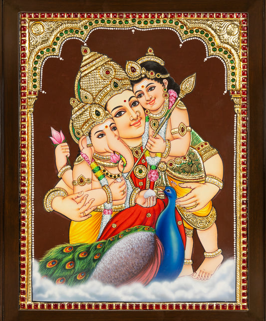 Parvathi with Murugar & Vinayakar - Single embossed