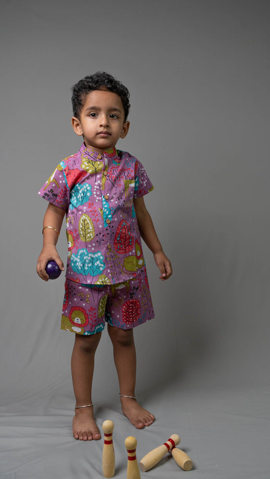 Multi-colour Forest Print Cotton shirt and shorts set