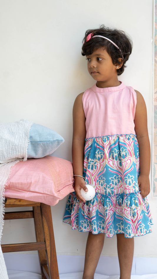 Baby Pink and Blue Paisley Print Cotton Dress