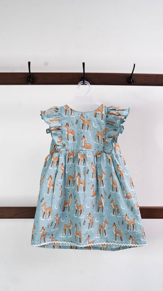 Blue Deer Print Cotton Dress