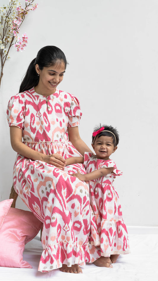 Mother & Daughter Twinning Dress | Geometric Print | White and Pink