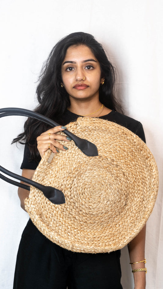 Round Jute Leather Tote