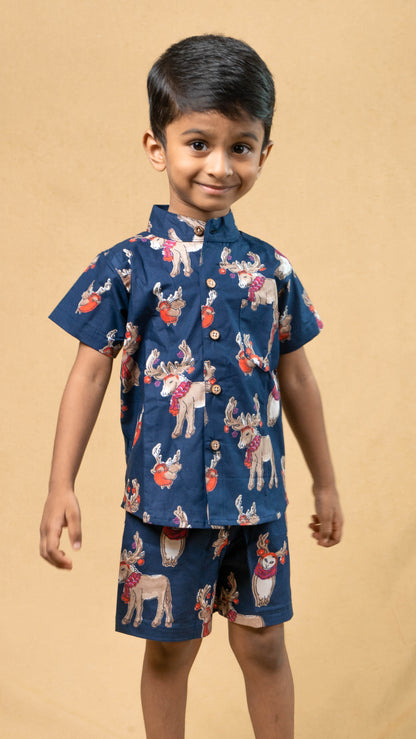 Blue Reindeer Print Cotton shirt and shorts set