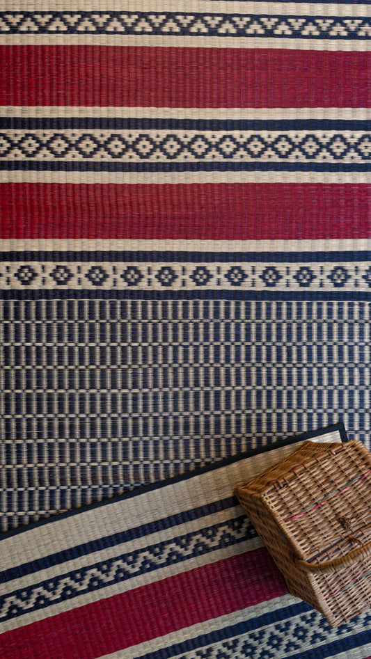 Navy Blue, Red and Beige Pattamadai River Grass Mat with Geometrical Patterns
