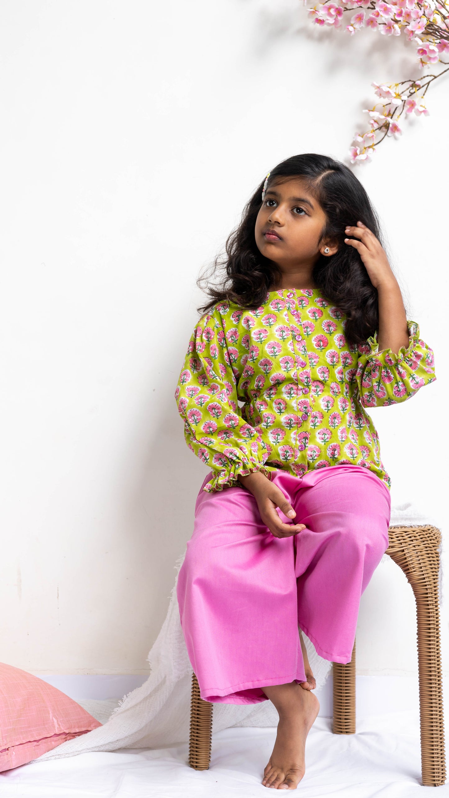 Lime Green and Pink Floral Print Cotton Co-ord Set