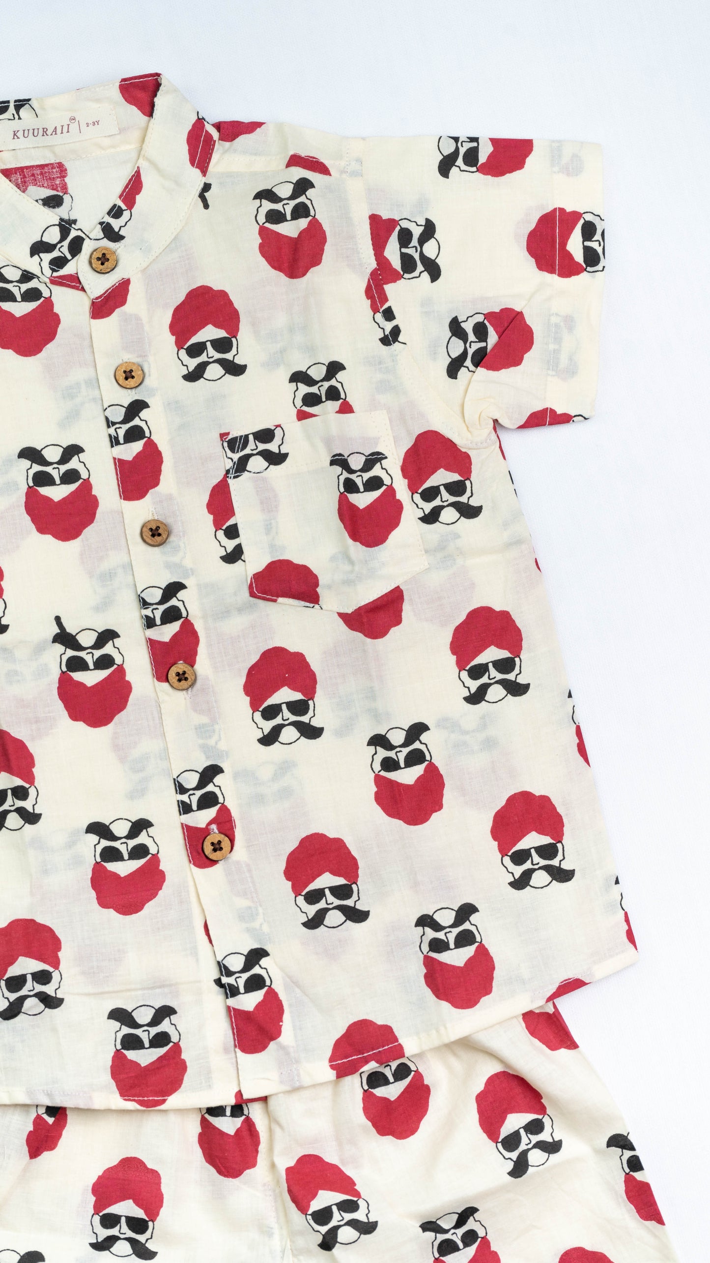 White Mustache Print Cotton shirt and shorts set