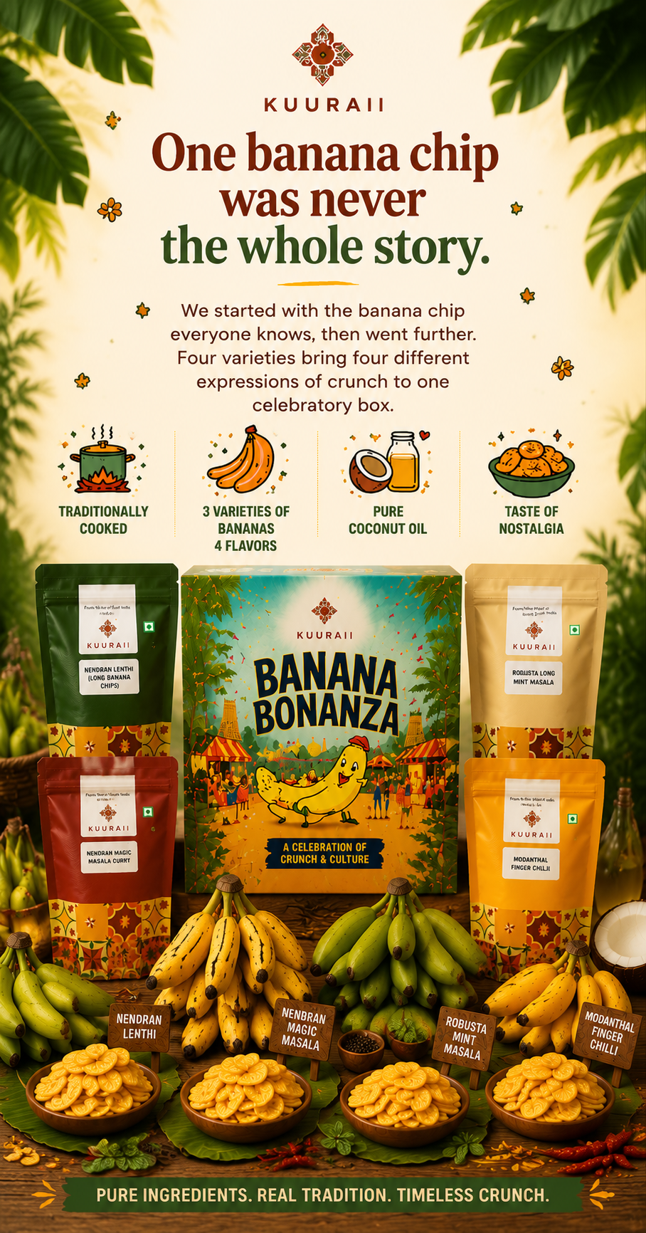 Four distinct banana varieties arranged for Banana Bonanza