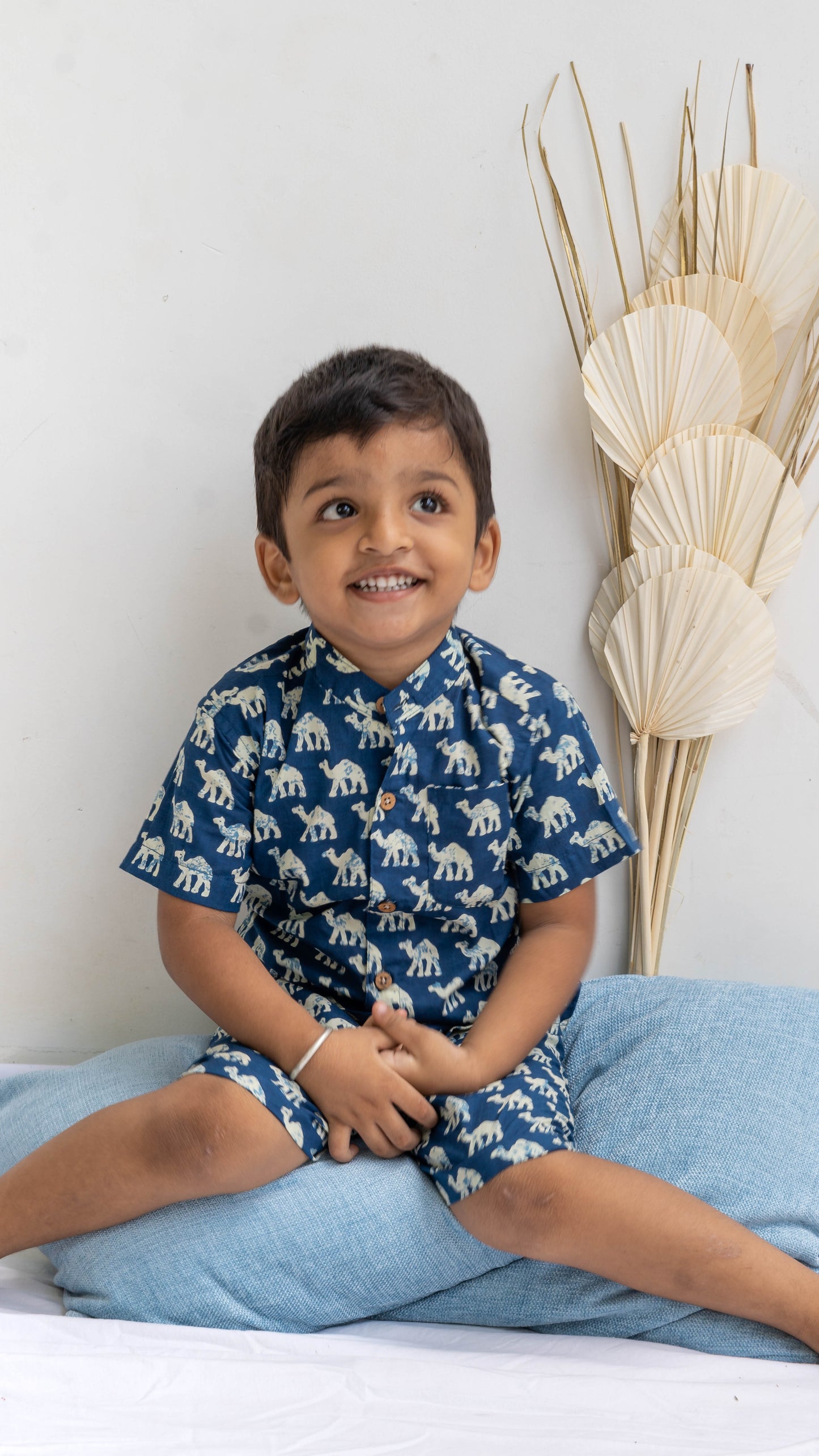 Blue Camel Print Cotton shirt and shorts set