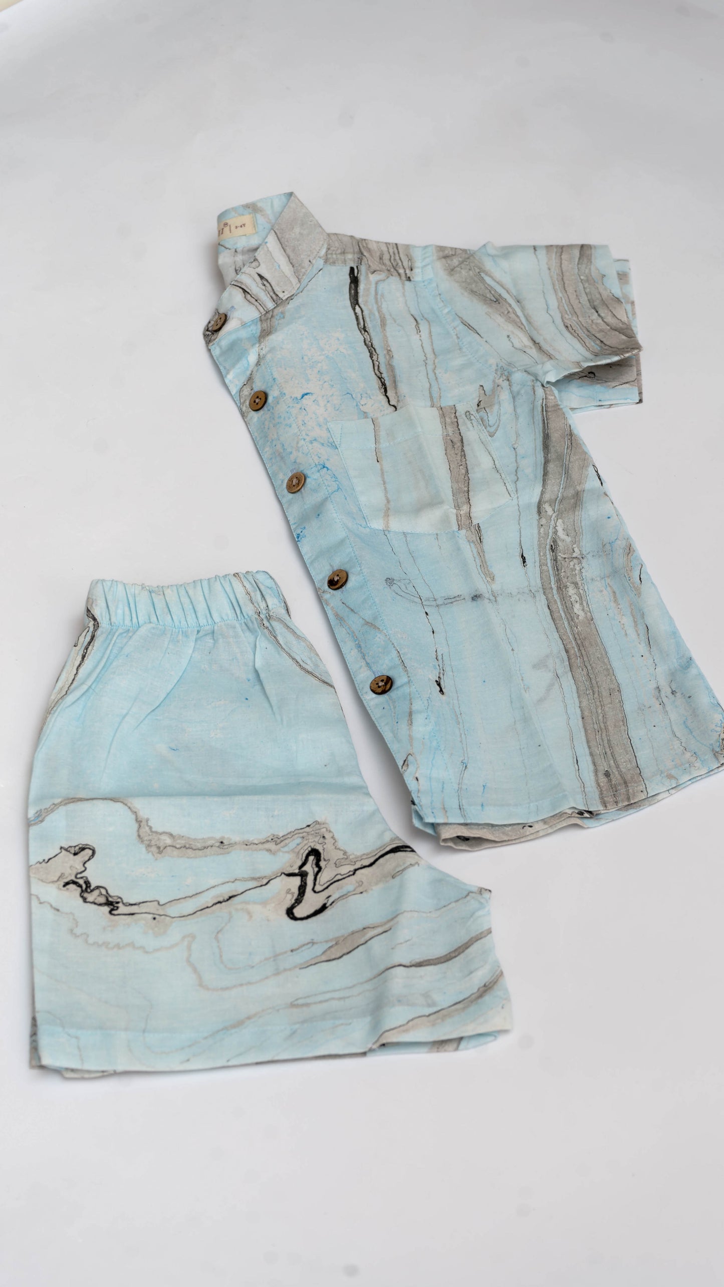 Blue Marble Print Cotton shirt and shorts set