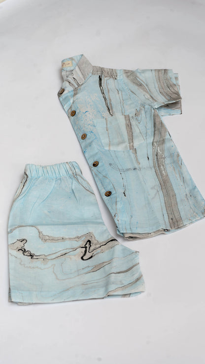 Blue Marble Print Cotton shirt and shorts set