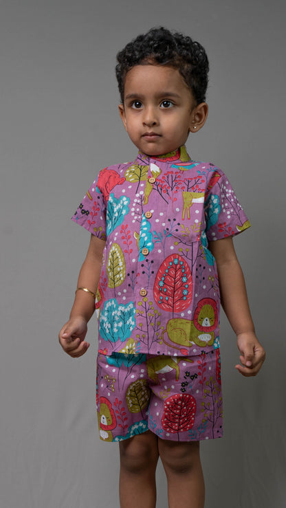 Multi-colour Forest Print Cotton shirt and shorts set