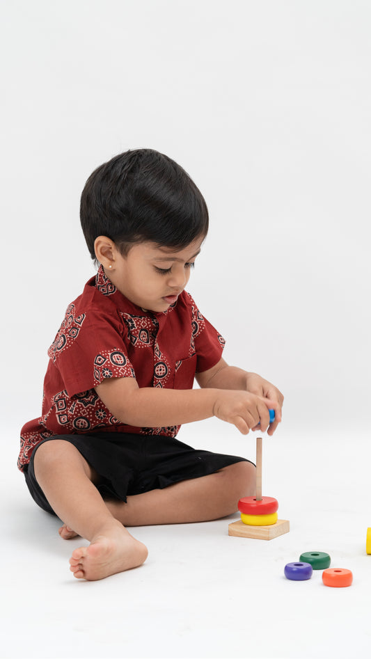 Red and Black Print Cotton Shirt and Shorts Set