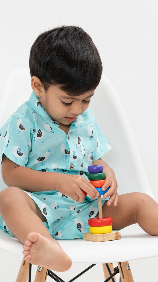 Blue Bird Print Cotton shirt and shorts set