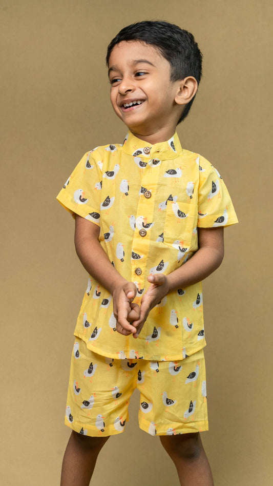 Yellow Bird Print Cotton shirt and shorts set