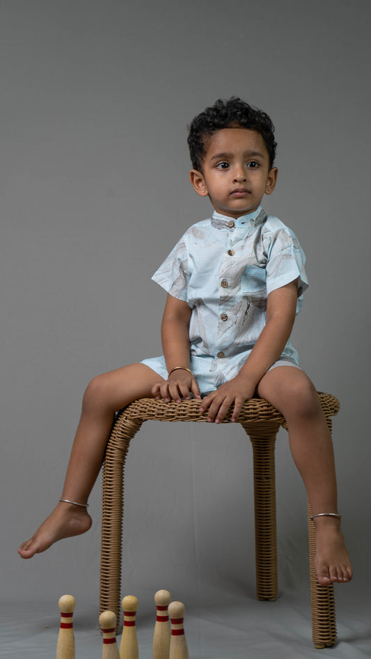 Blue Marble Print Cotton shirt and shorts set