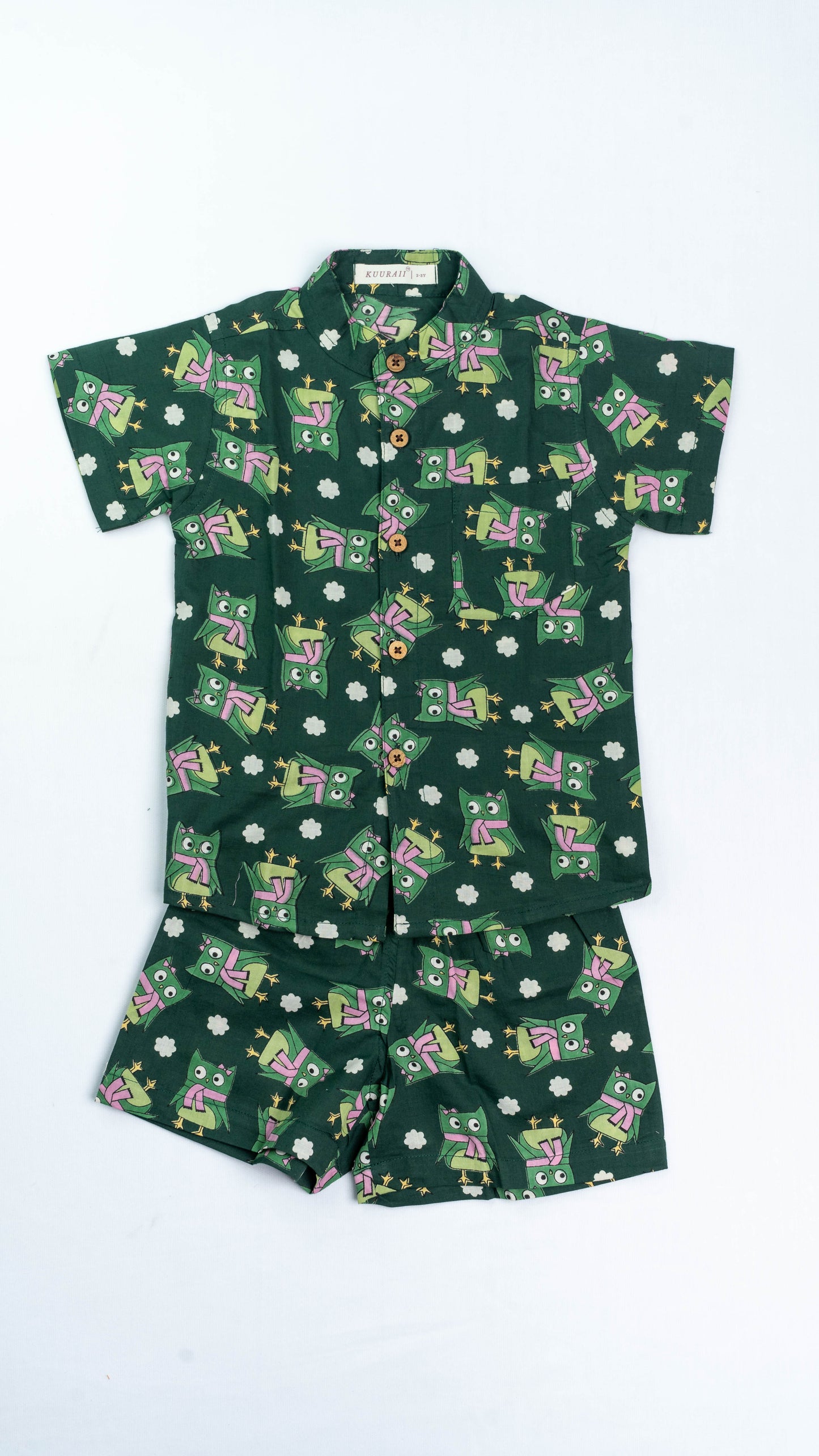 Dark Green Bird Print Cotton shirt and shorts set