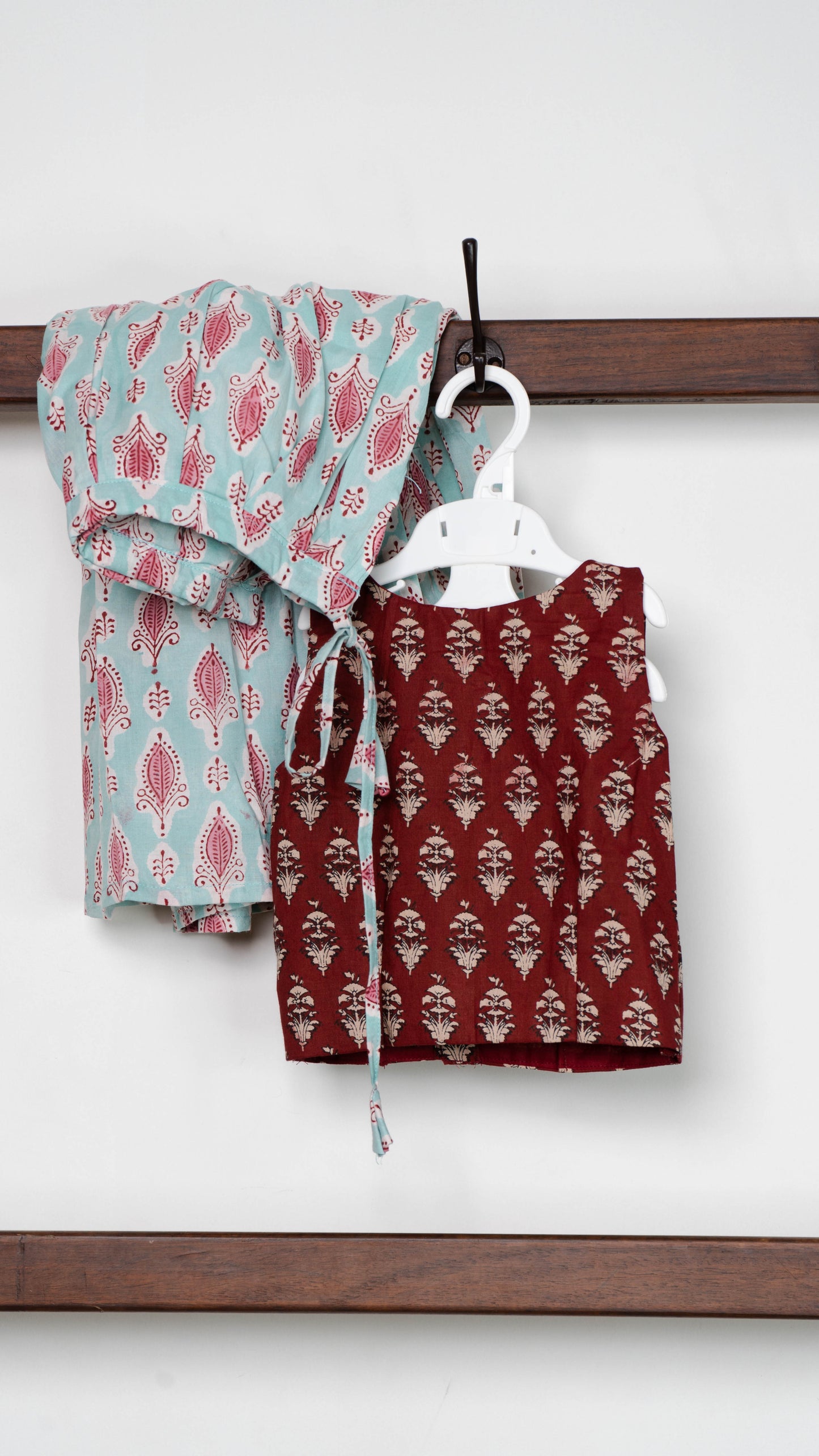 Maroon and Sky Blue Floral Print Cotton Lehenga Set