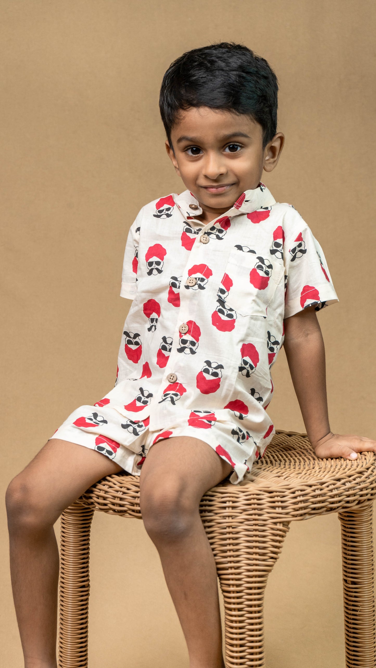 White Mustache Print Cotton shirt and shorts set