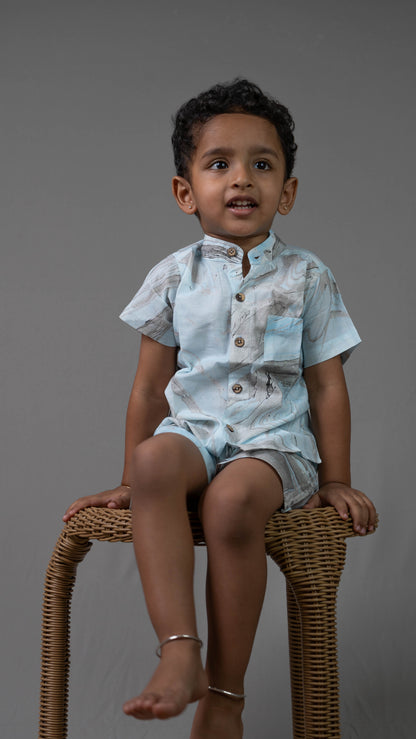 Blue Marble Print Cotton shirt and shorts set