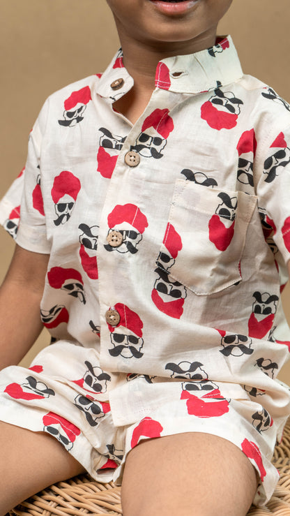 White Mustache Print Cotton shirt and shorts set