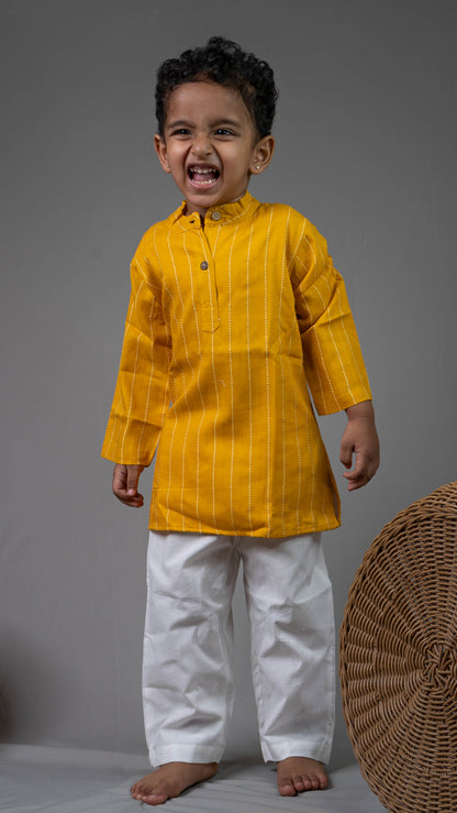 Yellow and White Stripes Cotton Kurta set