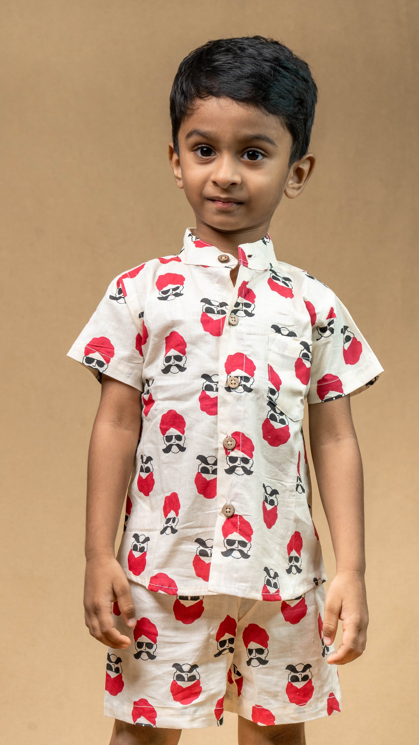 White Mustache Print Cotton shirt and shorts set