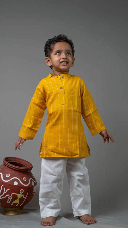 Yellow and White Stripes Cotton Kurta set