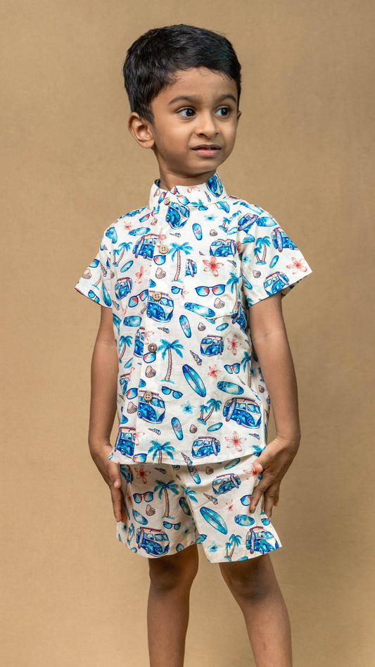White Beach Print Cotton shirt and shorts set