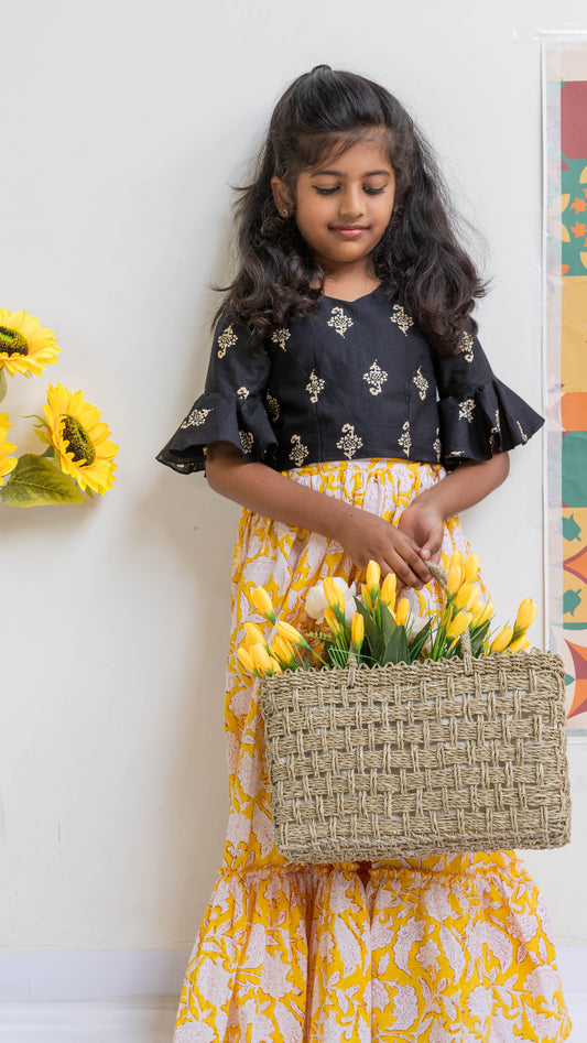 Black and Yellow Floral Print Cotton Co-ord Set