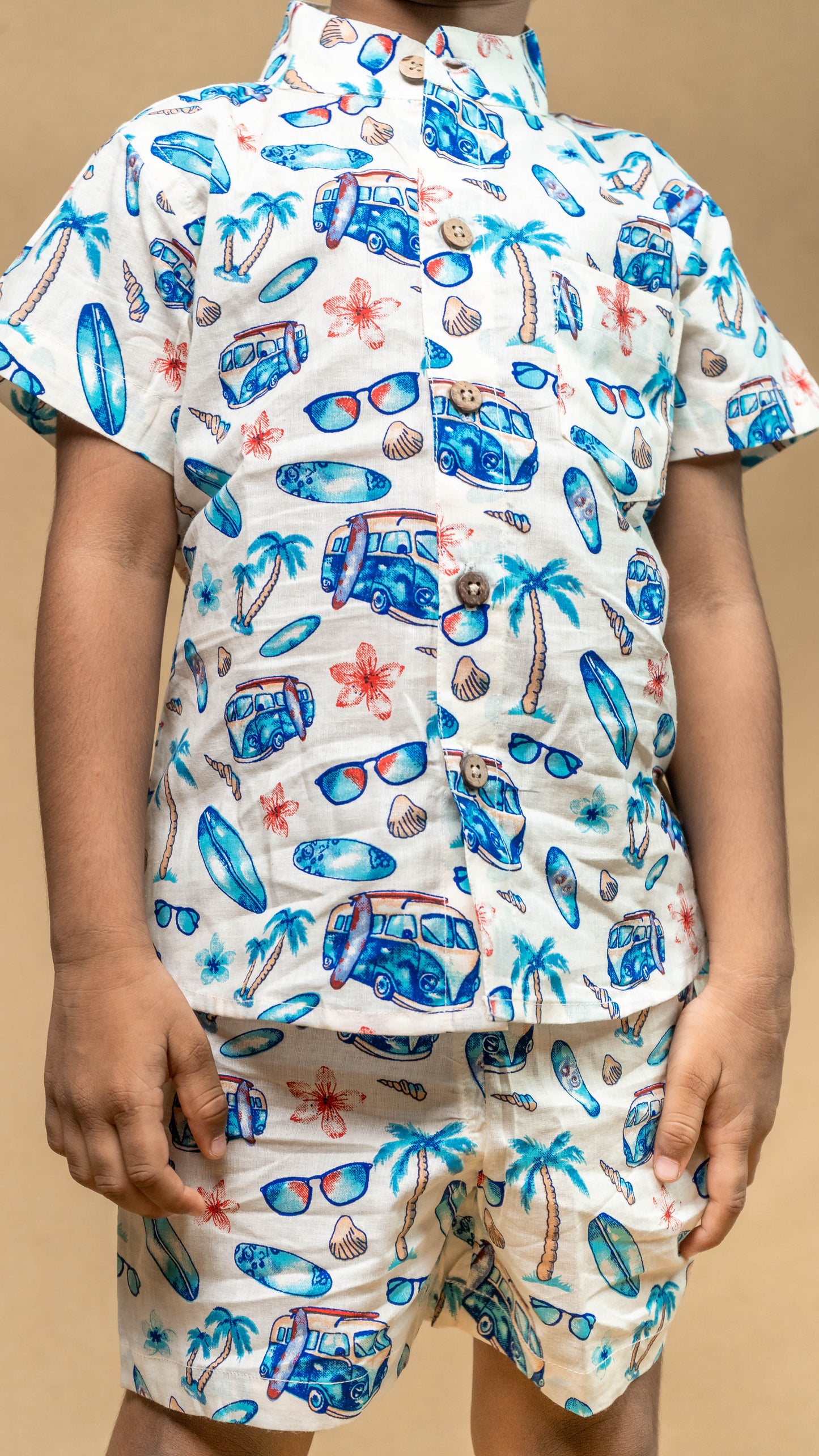 White Beach Print Cotton shirt and shorts set