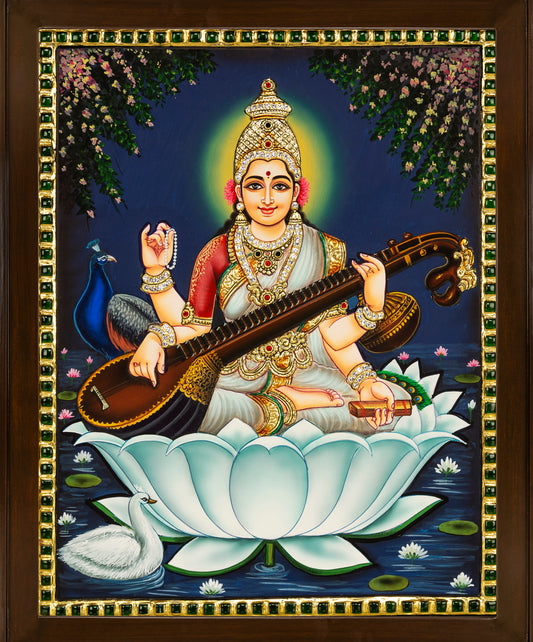 Goddess Saraswathi Tanjore Painting - Single embossed