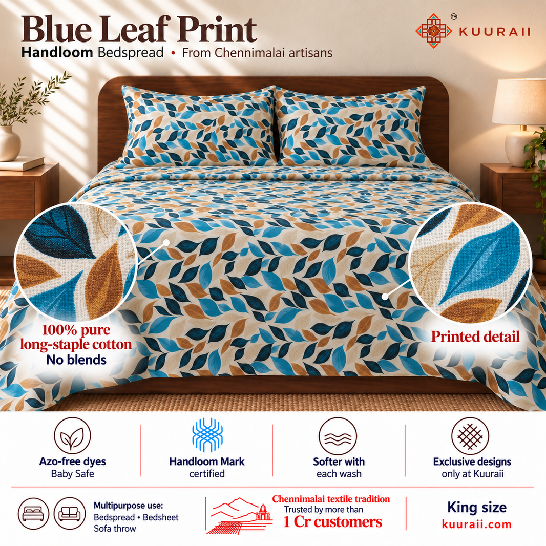 Premium Handloom Chennimalai King Size Bedspread Blue Leaf Print — Handloom cotton bedspread features, fabric detail, multipurpose use and King size