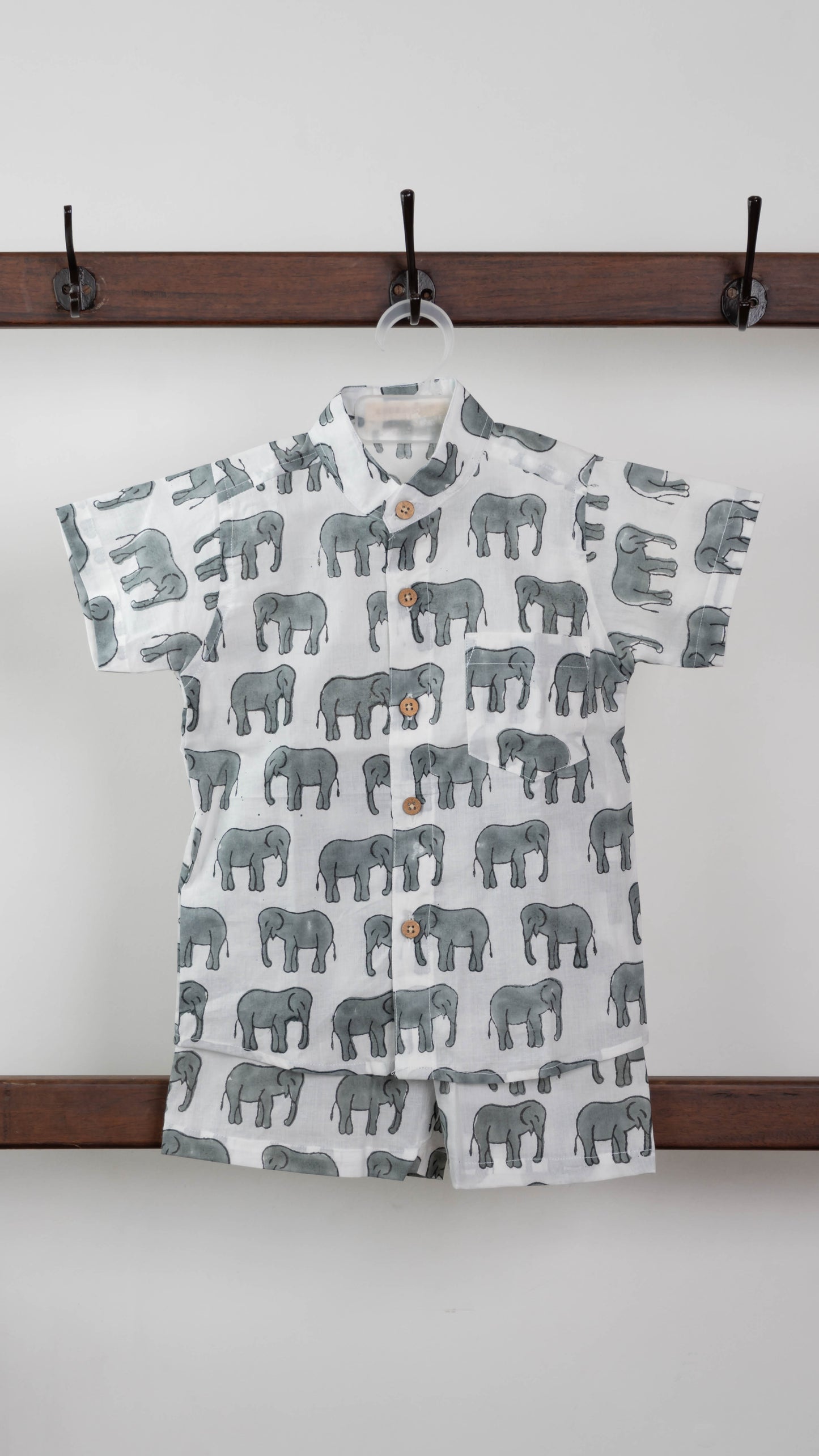 Grey Elephant Print Cotton shirt and shorts set