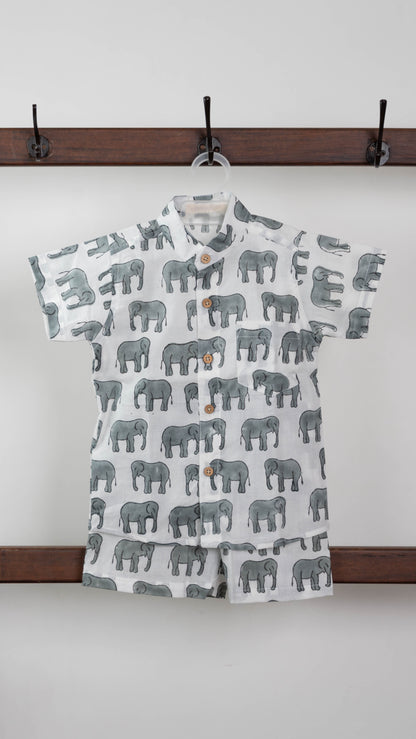 Grey Elephant Print Cotton shirt and shorts set