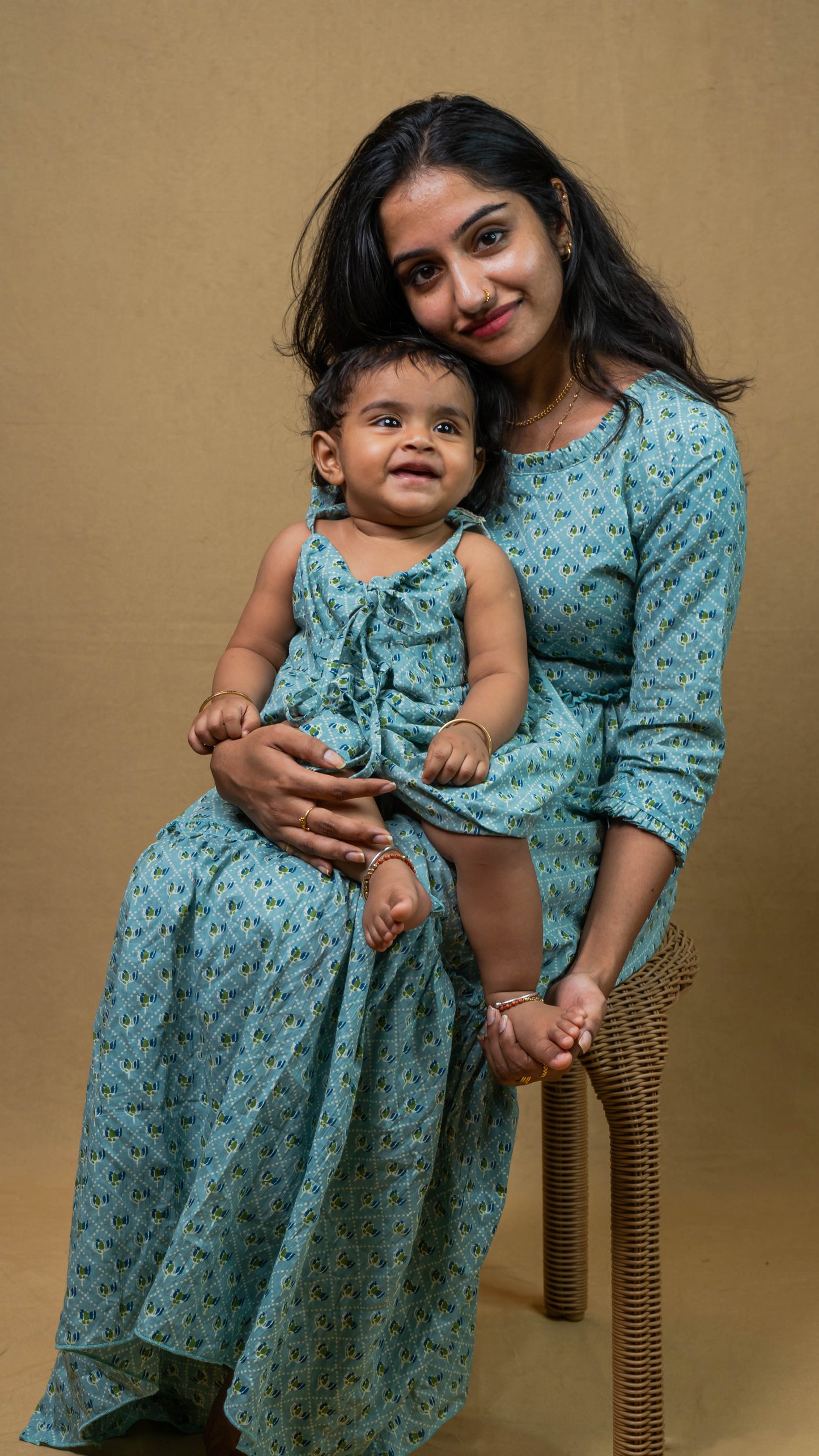 Mother & Daughter Twinning Dress | Small Tulip Print | Light Blue
