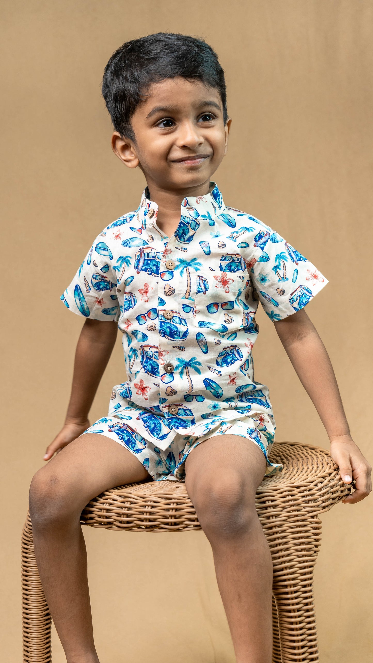 White Beach Print Cotton shirt and shorts set