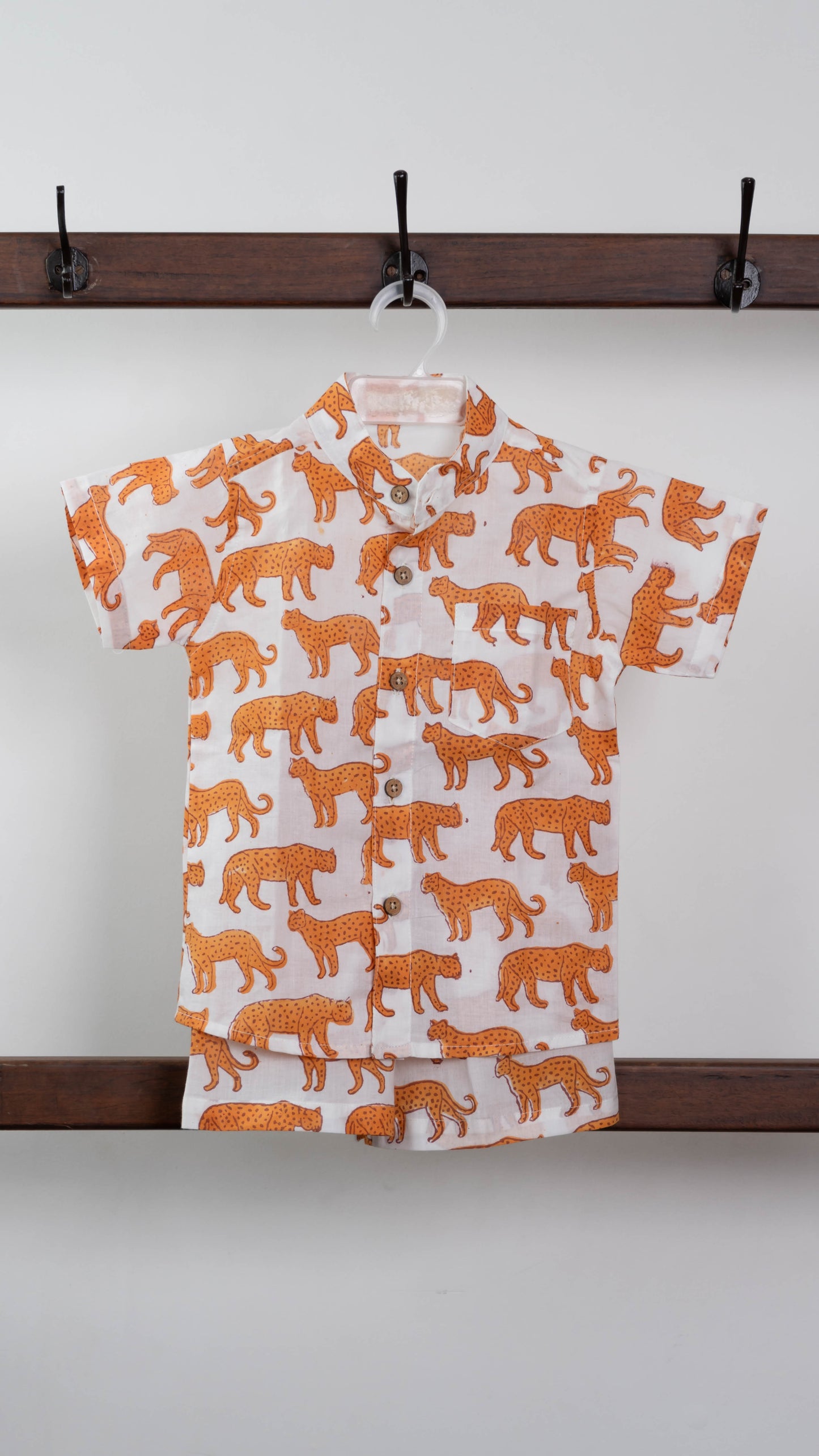 Orange Leopard print Cotton shirt and shorts set