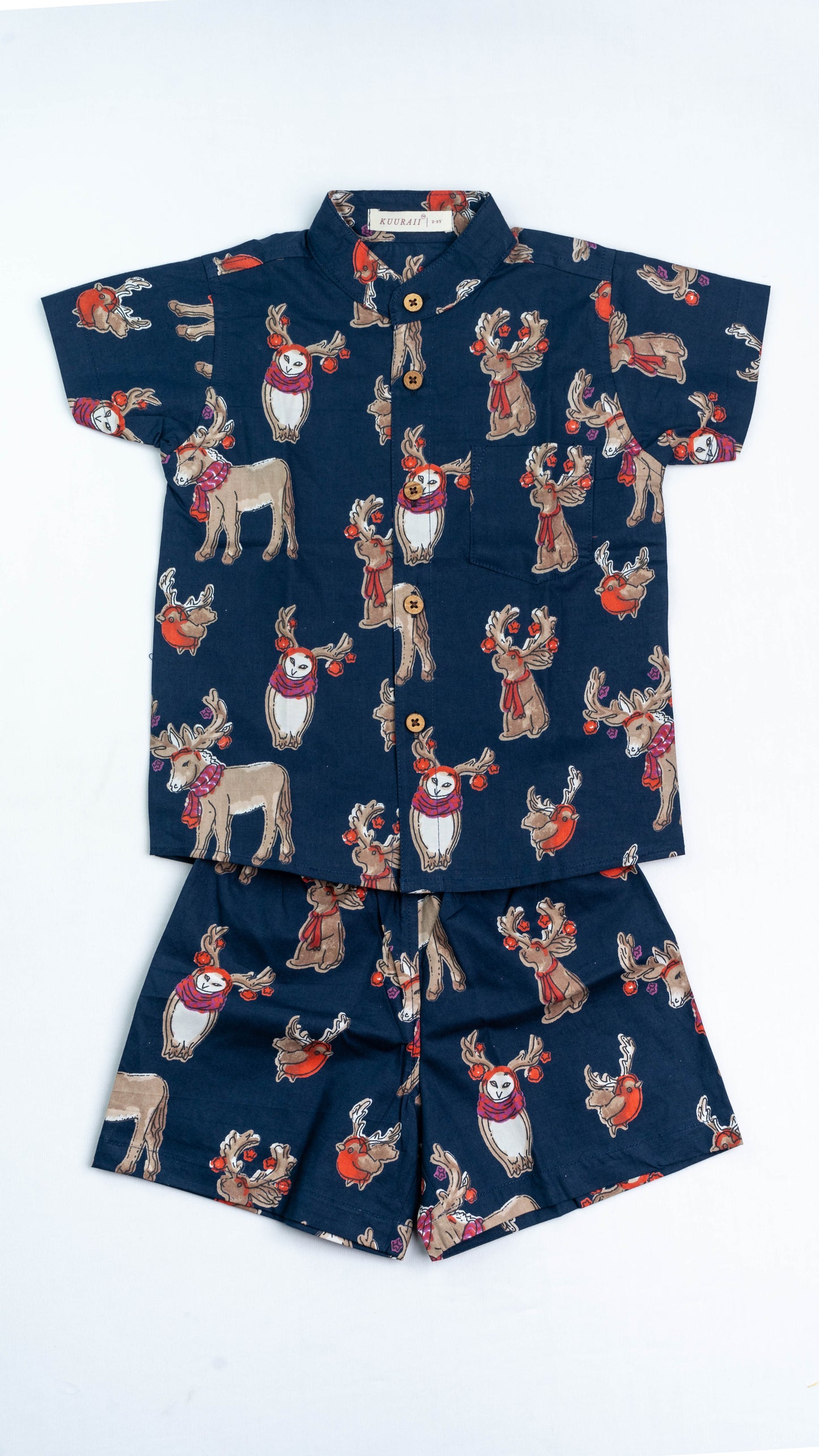 Blue Reindeer Print Cotton shirt and shorts set