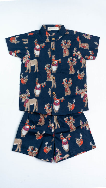 Blue Reindeer Print Cotton shirt and shorts set