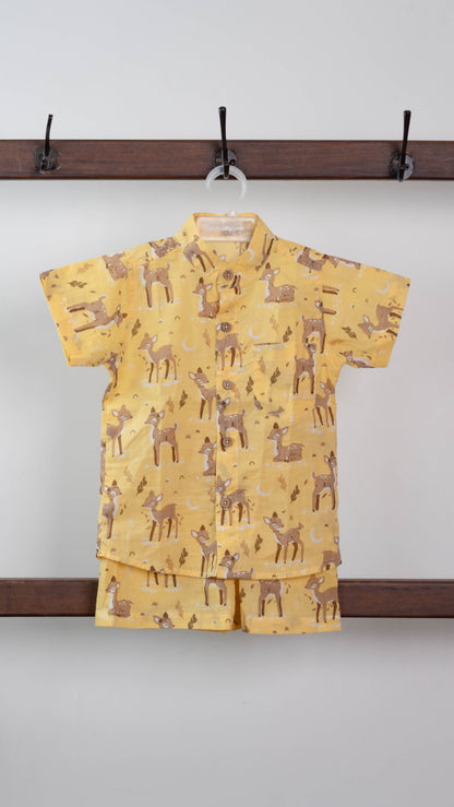 Yellow Deer Print Cotton shirt and shorts set