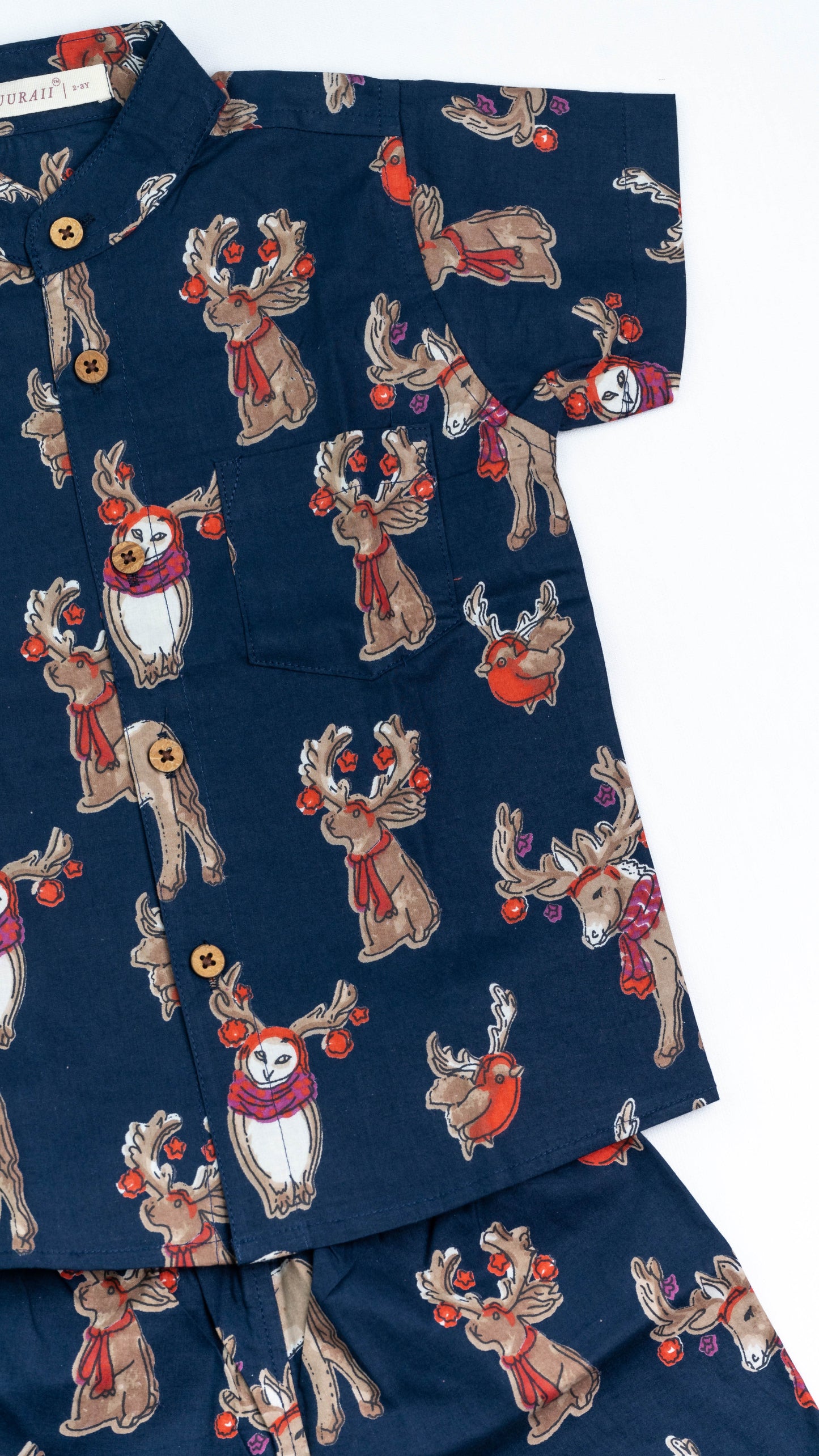 Blue Reindeer Print Cotton shirt and shorts set